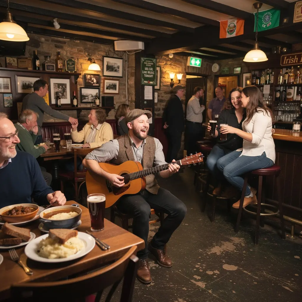 A close-up of a traditional Irish dish served on a rustic wooden table.