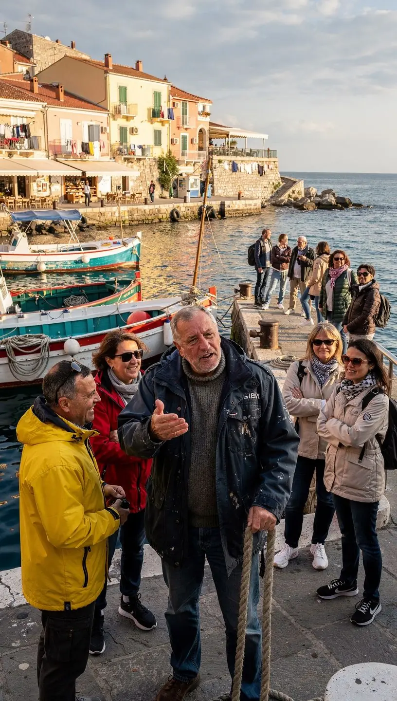 Tourists enjoying a guided food tasting experience at a scenic Irish village.