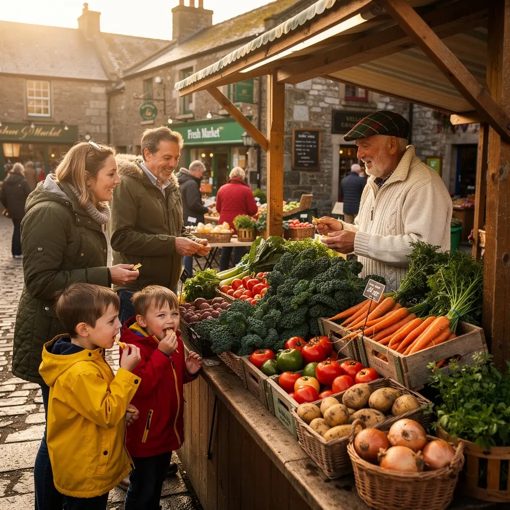 A picturesque view of a historic Irish town square filled with food enthusiasts.